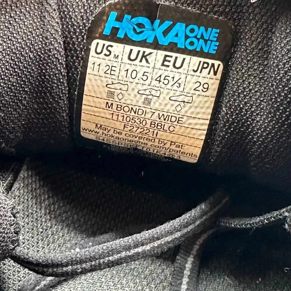 HOKA One One Bondi 7 Men's 11 Wide Black Athletic Sneakers Lace-Up Low Top Shoes_9